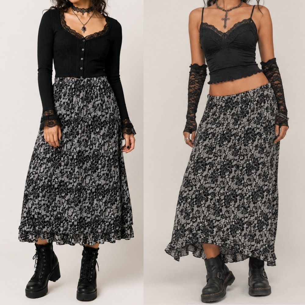 BRIGGS Vtg 90s Floral Midi Maxi Skirt‎ S Petite Black Fairy Grunge Whimsygoth